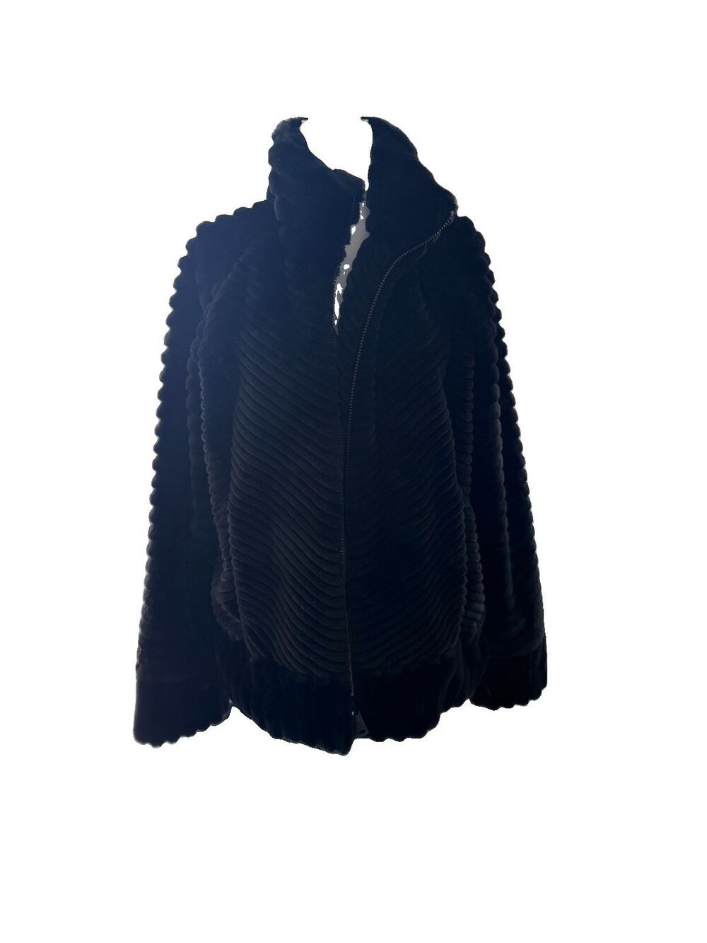 Bernardo Womens Black Chevron Ribbed FauxFur Bomber Jacket Size M Old Money Glam - Picture 8 of 11